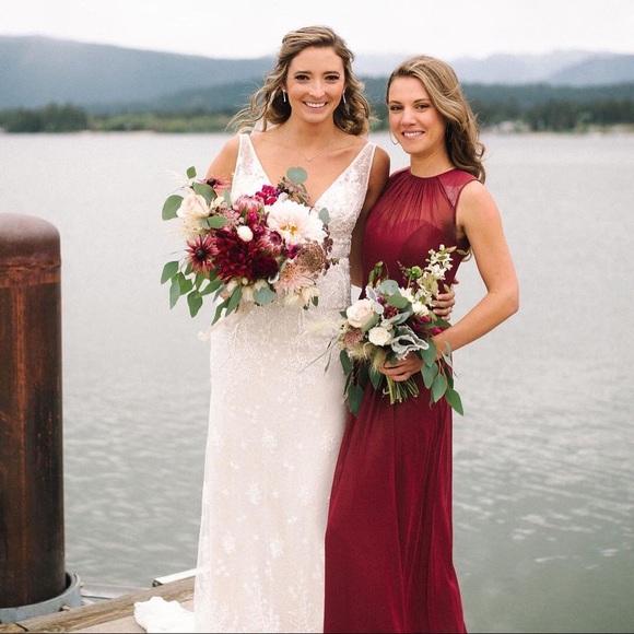 Dessy Burgundy Gold Lux Chiffon Bridesmaids Dress - Picture 3 of 8